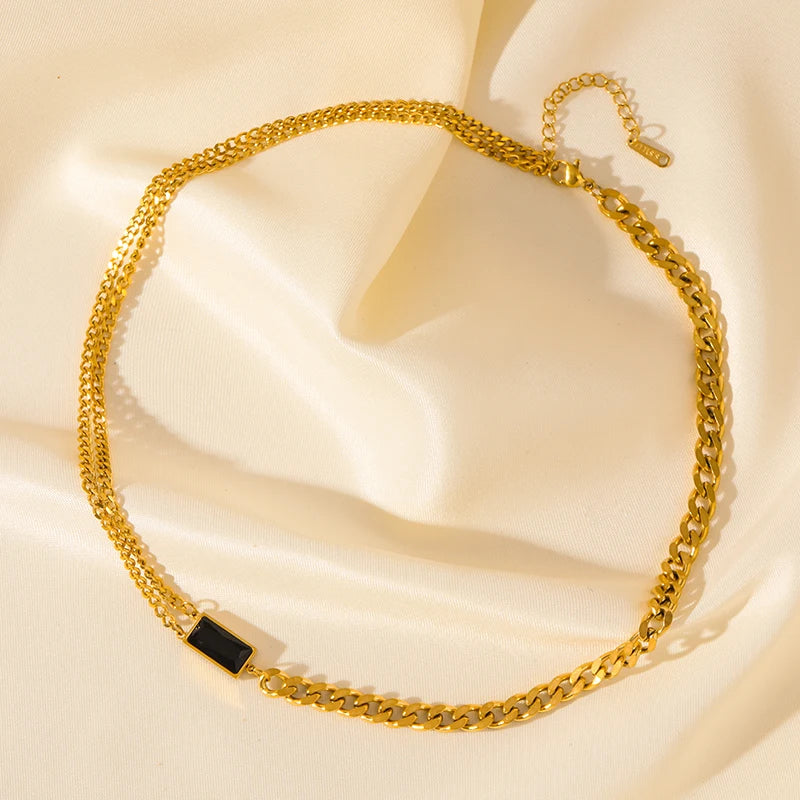 GANEMLY 316L Stainless Steel Black Crystal Necklace For Women Trendy Waterproof Neck Chain 18K Gold Plated Jewelry Femme Gift