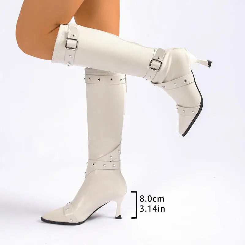 Punk Rivet Belt Buckle Decoration Knee-High Boots Women Sexy Pointed Toe Super High Heel Riding Boots Winter Brand Design Shoes