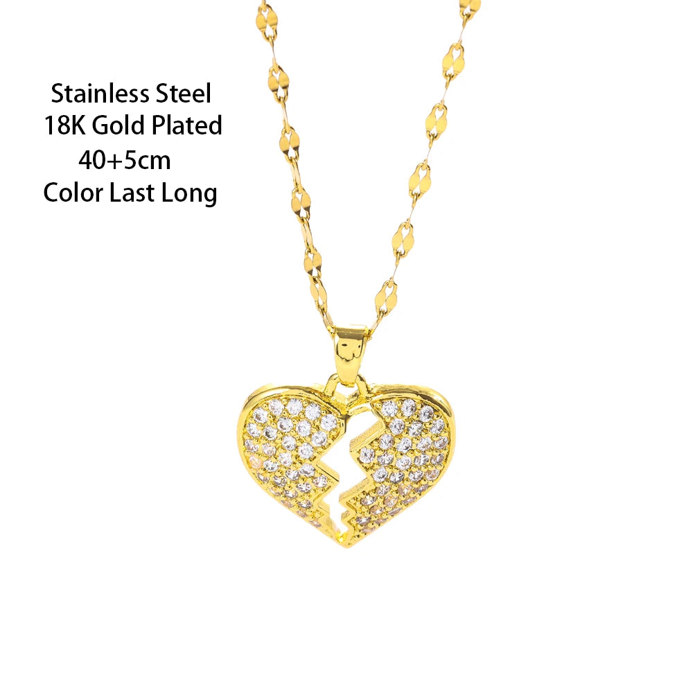 New Fashion 18K Gold Plated Broken Heart Pendant Necklaces For Women Trendy Female Stainless Steel Neck Chain Jewelry Wholesale