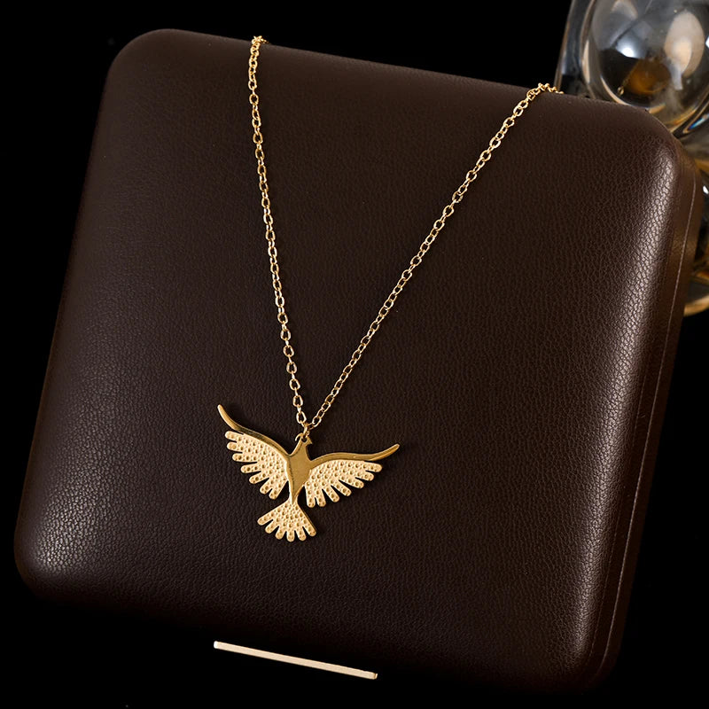 GANEMLY 316L Stainless Steel Eagle Phoenix Pendant Necklace For Women New Trendy 18K Gold Plated Neck Chain Waterproof Jewelry