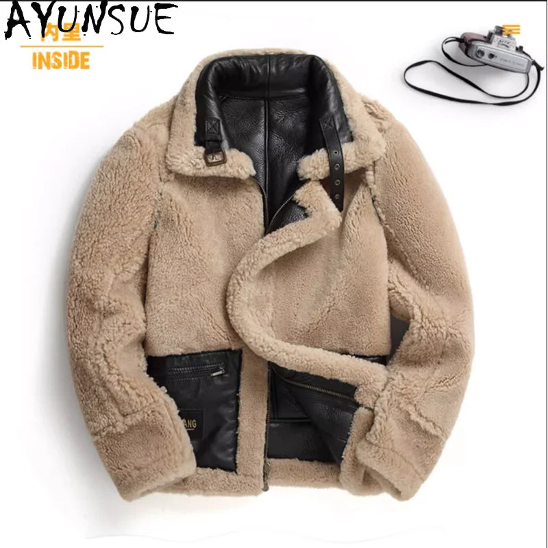 AYUNSUE Natural Sheepskin Wool Coat 25 Winter Jacket Mens Fur Jackets Coats Motocycle& Biker Genuine Leather Jacket Men Clothes