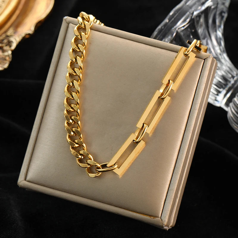 EILIECK 316L Stainless Steel Cuban Chain Statement Necklace For Women New Punk 18K Gold Plated Waterproof Neck Chain Jewelry