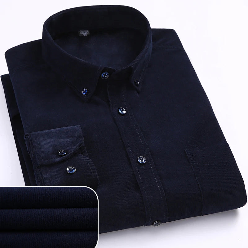 Men Casual Shirts Soft Leisure Solid Regular Fit Cotton Corduroy Long Sleeved Warm Man's Shirt New Easy Care  Oversized Clothes