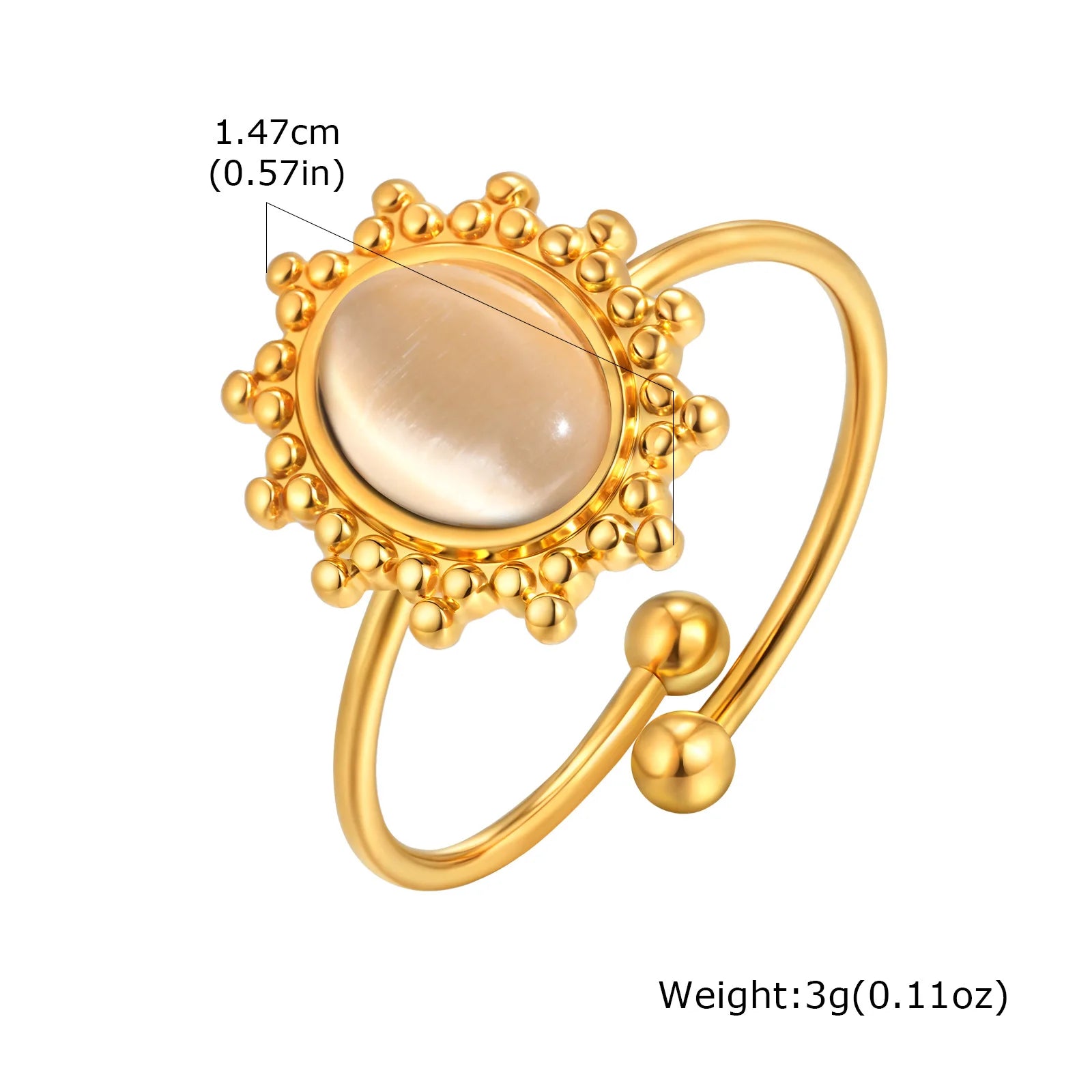 Waterproof Oval Healing Nature Stone Ring for Women, Stainles Steel Gold Plated Open Adjustable Finger Ring Vintage Jewelry