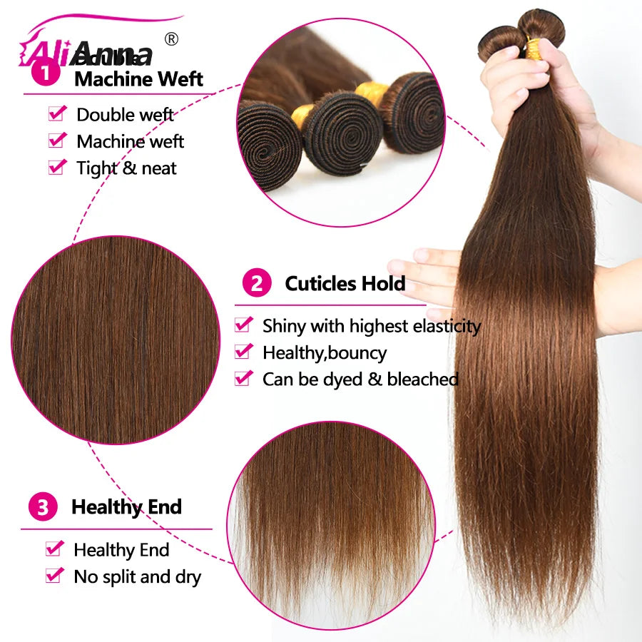 Chocolate Brown Bundles Human Hair Straight Human Hair Bundles Raw Hair Bundles #4 Colored Hair Bundles 1/3/4 Bundle Deals