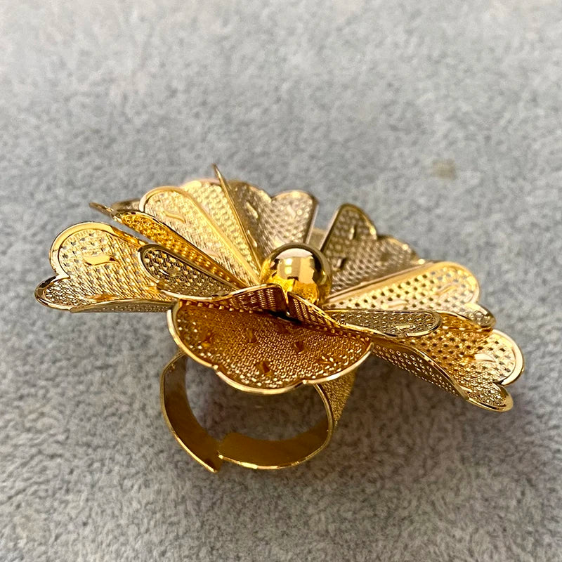 Nigerian Big Flower Indian Ring Dubai Gold Plated Rings  Wedding Ethiopian Luxury Finger Jewelry For Women 2023 Party Gift