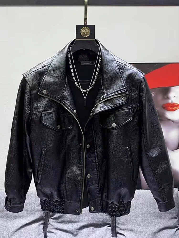 Lautaro Autumn Winter Cool Oversized Black Thickened Warm Pu Leather Jacket Men Stand Collar Zip Up Luxury Designer Clothes 2023
