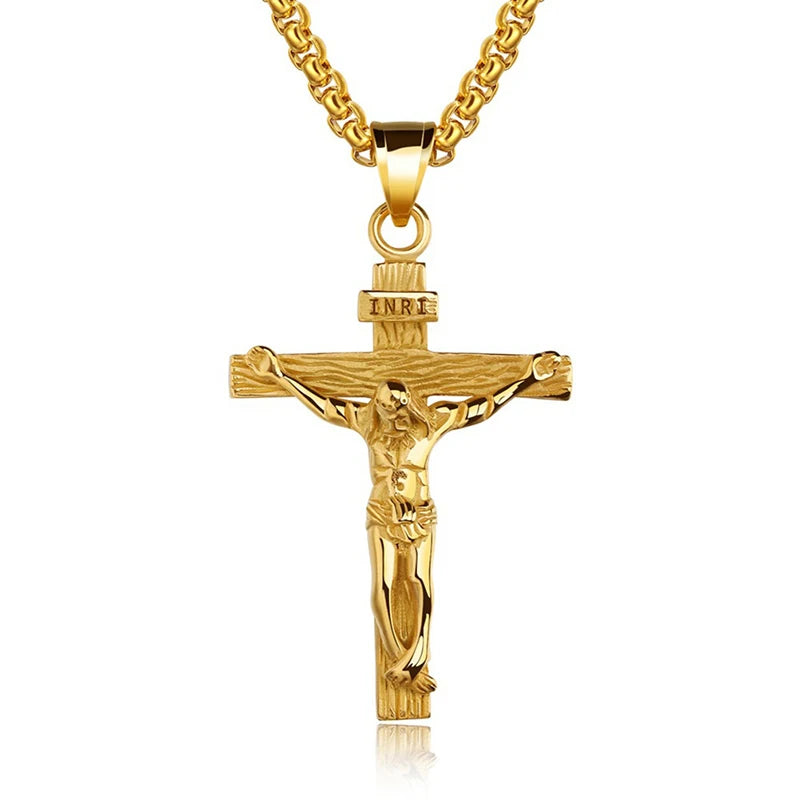 1P Fashion Crucifix Jesus Christ Men Jewelry Gold Brown Silver Color Metal Cross Pendant With Neck Chain Necklaces For Man Women