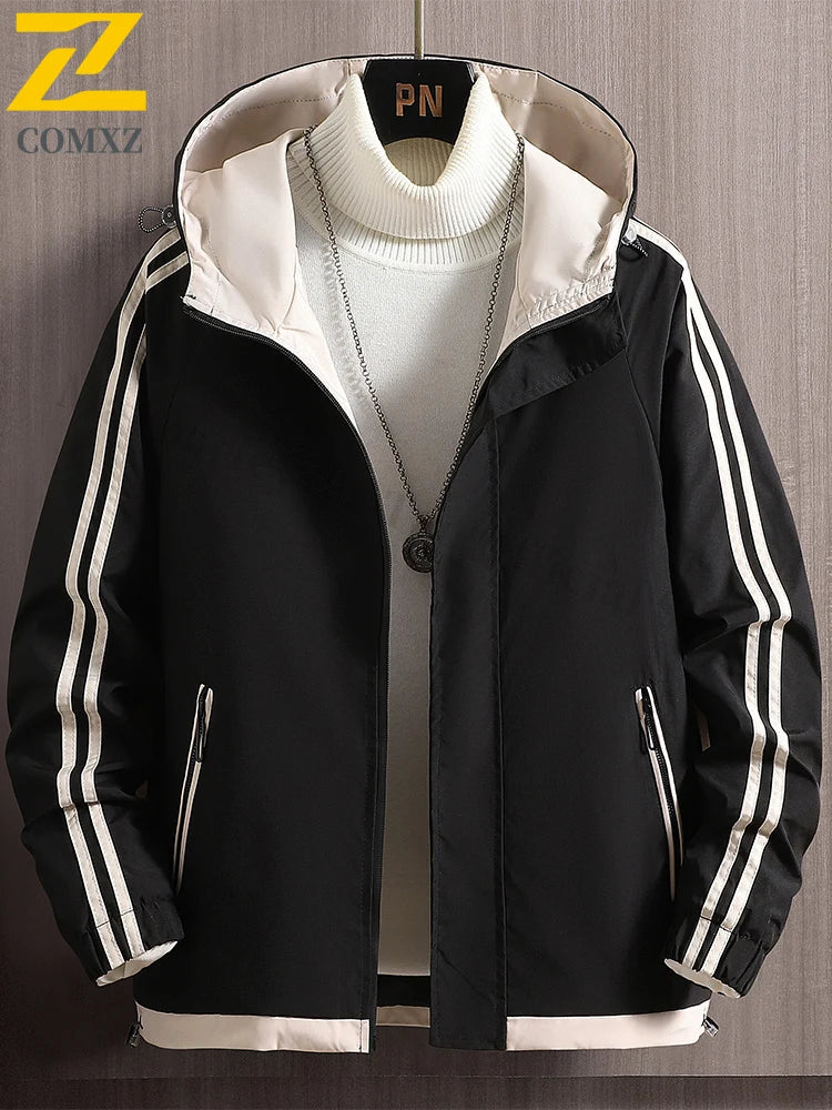 Autumn Winter Men's Jacket Daily Trend Hooded Breathable Jacket Outdoor Sports Fashion Striped Print Crisp Windproof Windbreaker
