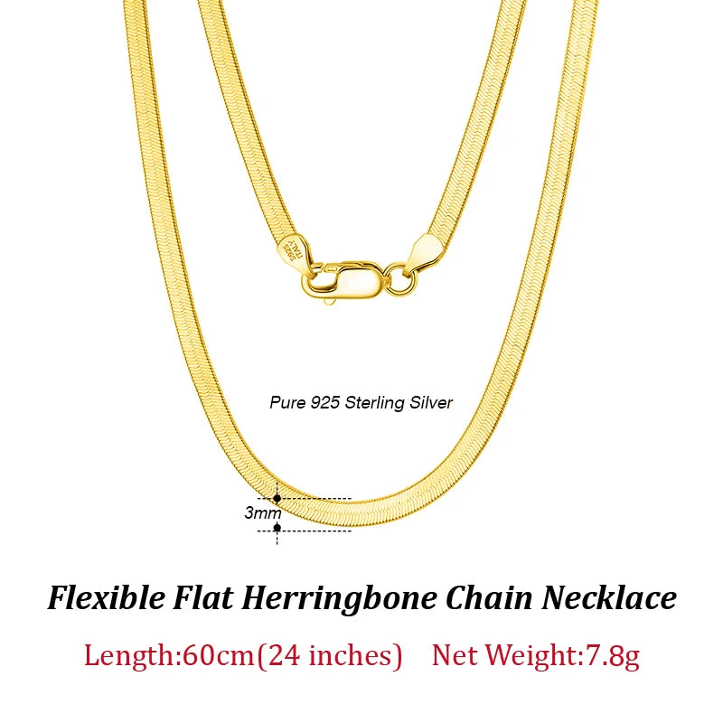 Rinntin 925 Sterling Silver Unique 3mm Gold Flat Herringbone Snake Chain for Women Punk Blade Neck Chain Necklace Jewelry SC35