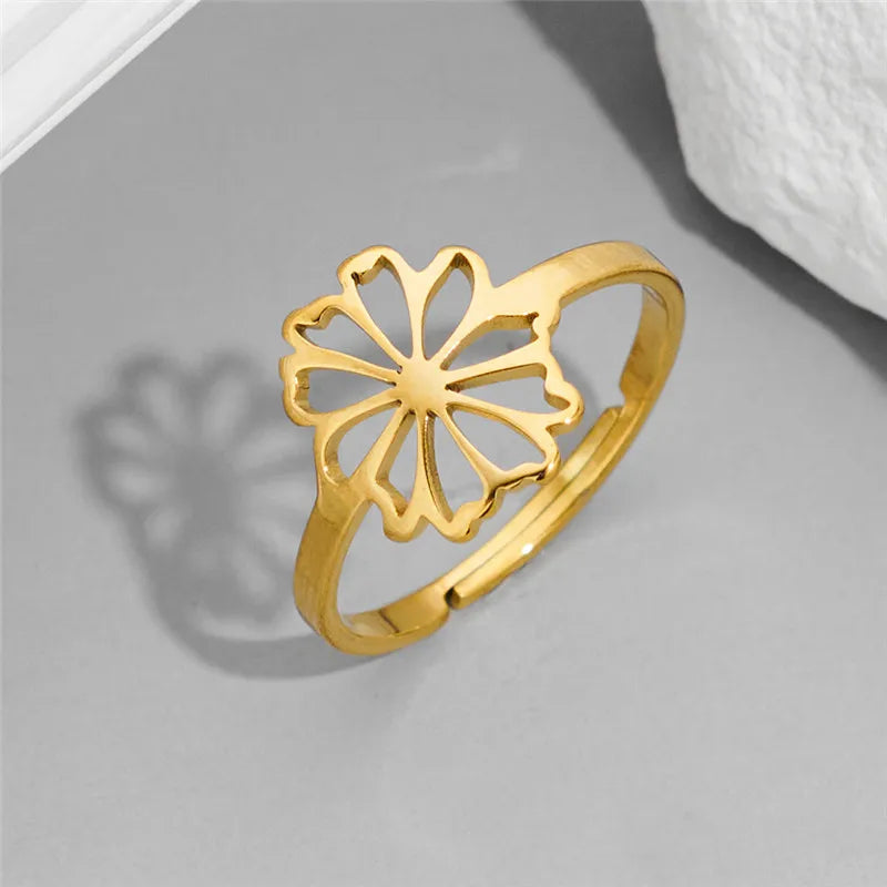 Exquisite Stainless Steel Lily Flower Adjustable Opening Rings Gold Plated Waterproof Finger Jewelry For Women Wedding Gift