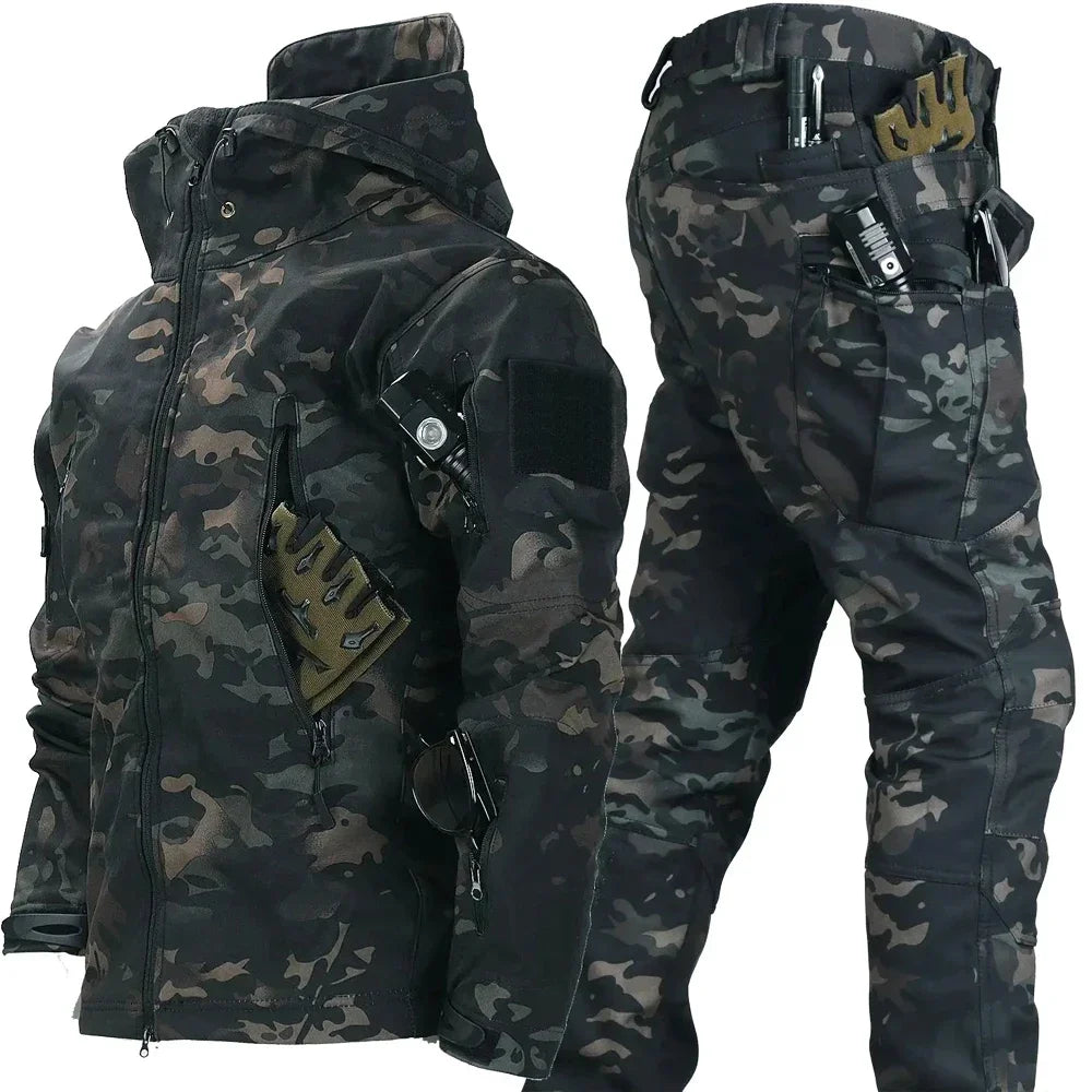 New Suits for Men Winter Tactical Sets Shark Skin Biker Jacket Hoodie Pants 2 Piece Set Waterproof Workwear Clothes Pockets