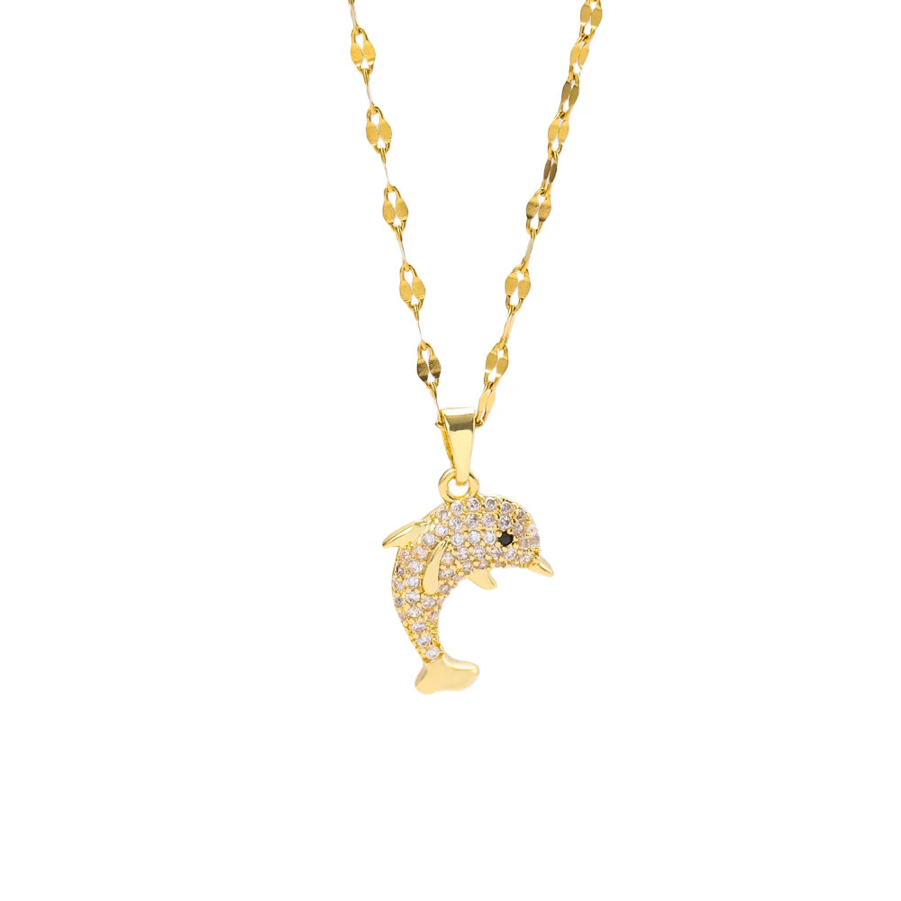 New In Sweet Cute Zircon Crystal Dolphin Pendant Necklaces For Women Trendy 18K Gold Plated Stainless Steel Neck Chain Jewelry