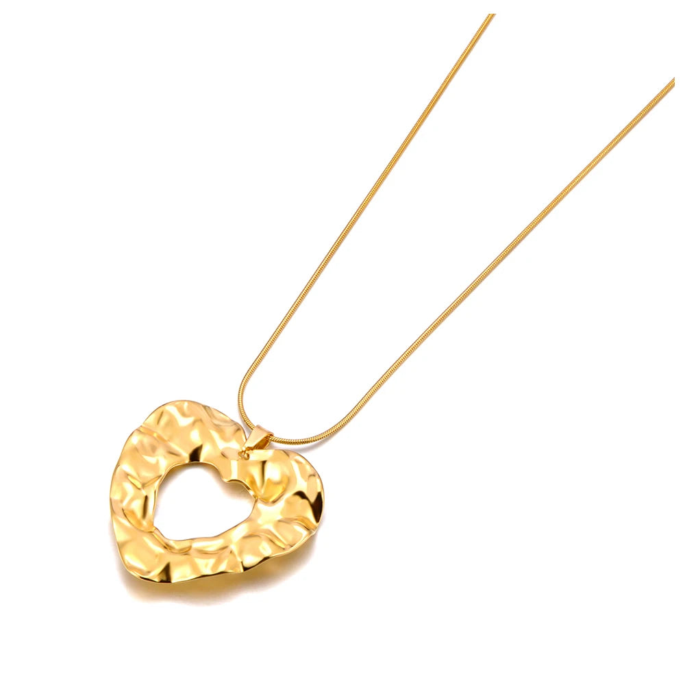 JeeMango Stainless Steel Handmade Cast Heart Pendant Necklace Gold Plated Waterproof Statement Neck Jewelry Bijoux Femme JN24074
