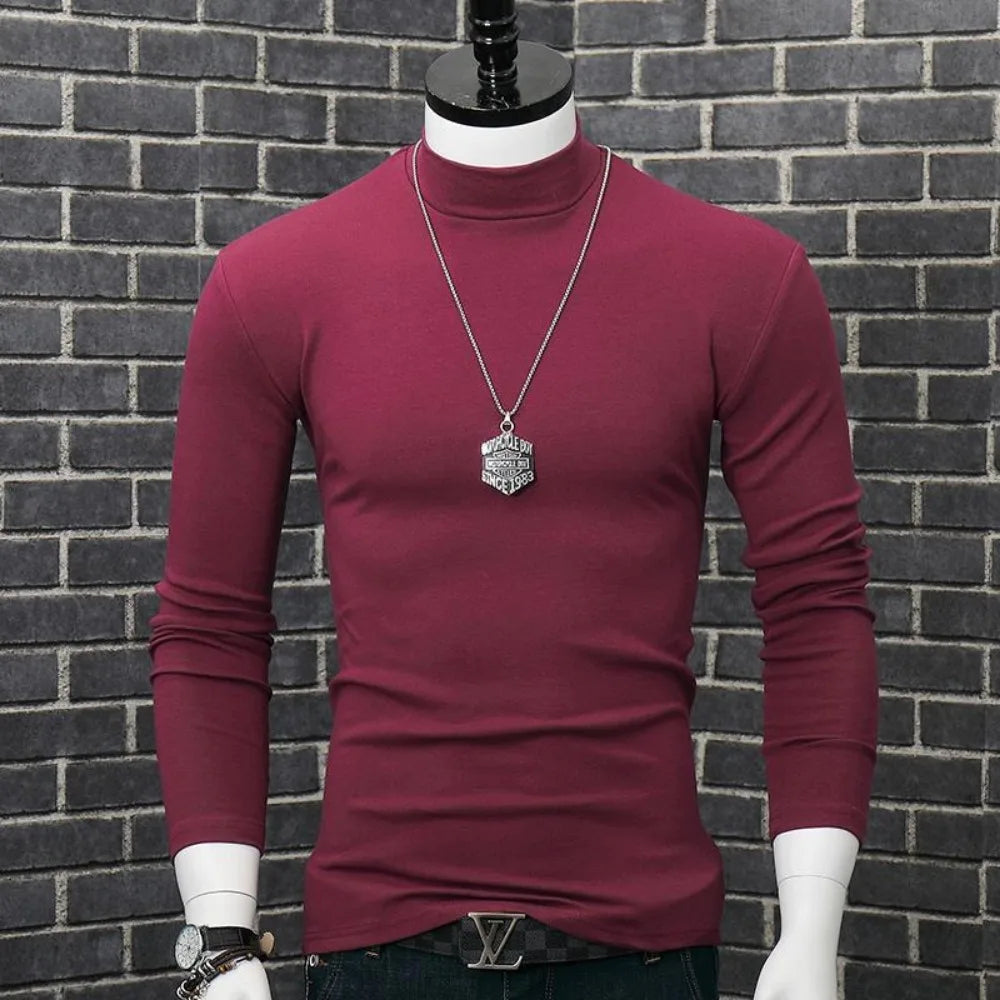Fashion Men's Autumn Winter T-Shirt Casual Turtleneck High Collar Long Sleeves Solid Color Slim Top Clothes Outerwear Undershirt