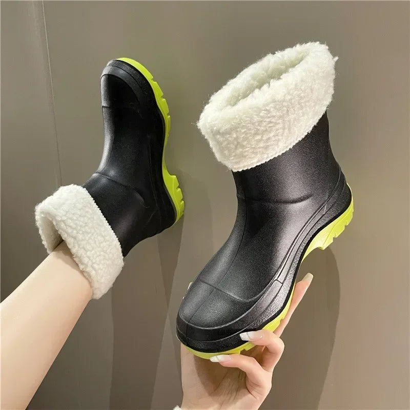 Fashion rain shoes women's winter cotton non-slip medium tube water boots short tube rain boots car wash kitchen rubber shoes