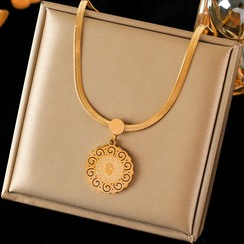 EILIECK 316L Stainless Steel Portrait Coin Pendant Necklace For Women Fashion 18K Gold Plated Neck Chain Waterproof Jewelry Gift
