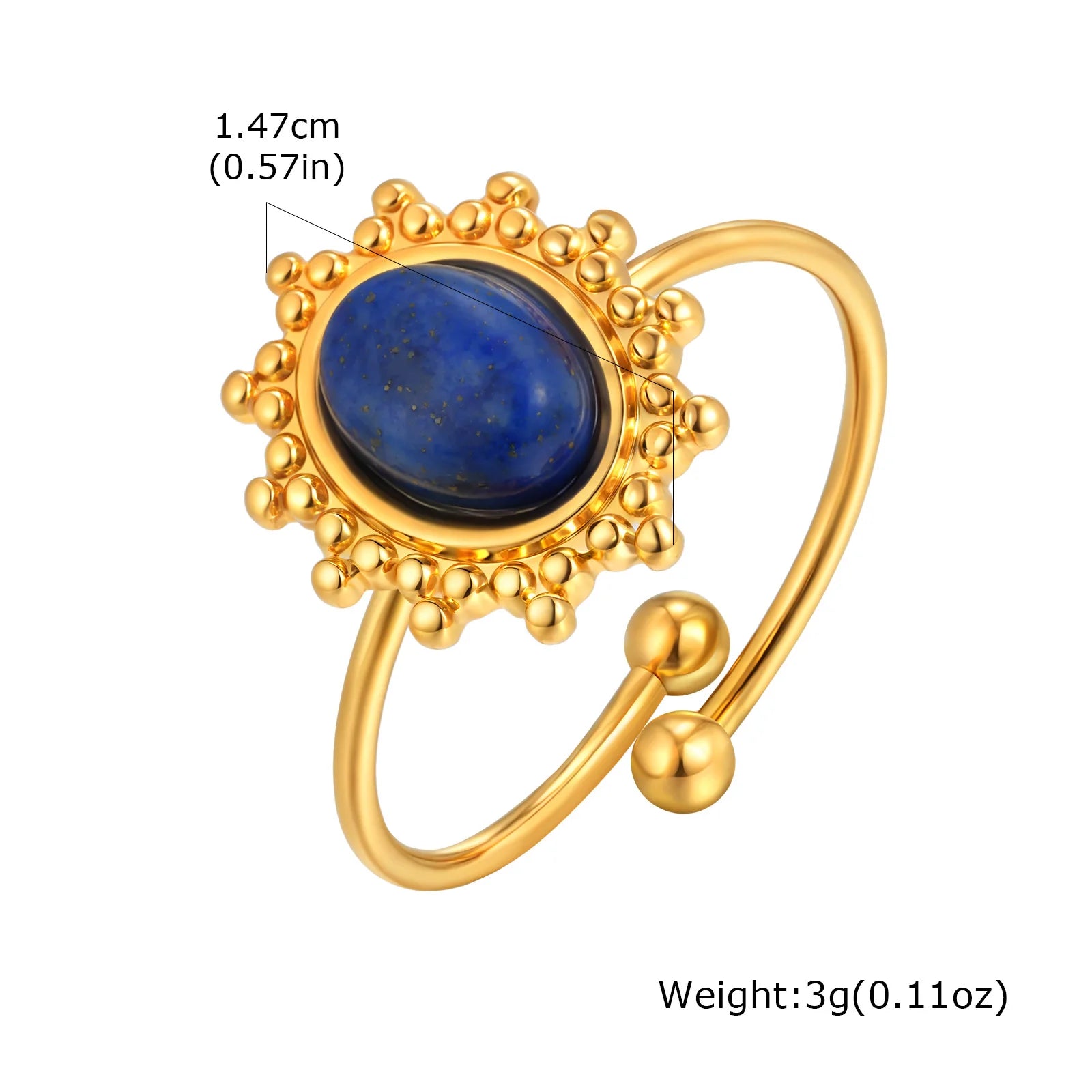 Waterproof Oval Healing Nature Stone Ring for Women, Stainles Steel Gold Plated Open Adjustable Finger Ring Vintage Jewelry