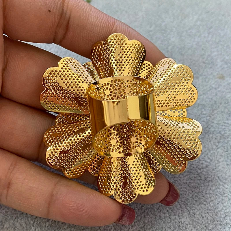 Nigerian Big Flower Indian Ring Dubai Gold Plated Rings  Wedding Ethiopian Luxury Finger Jewelry For Women 2023 Party Gift