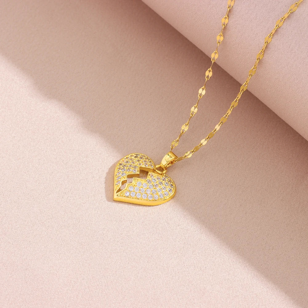 New Fashion 18K Gold Plated Broken Heart Pendant Necklaces For Women Trendy Female Stainless Steel Neck Chain Jewelry Wholesale
