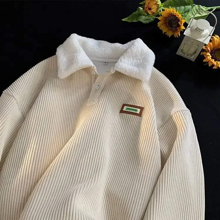 New Vintage Brown Corduroy POLO Collar Oversized Sweatshirt  Streetwear Loose Pullover Thick Velvet Winter Clothes Couples