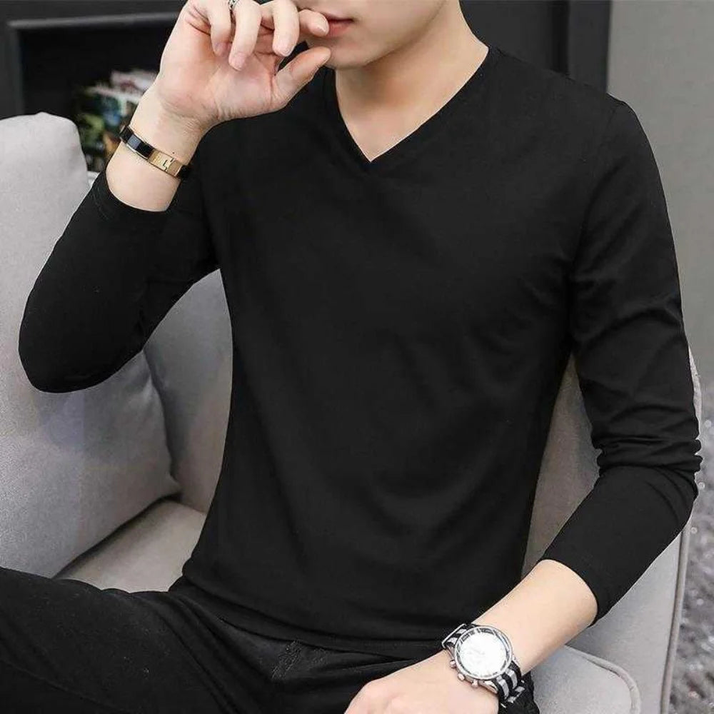 Men's Autumn Winter Ice Silk Long Sleeve T-Shirt Pure Color V-Neck Undershirt White Clothes New Trendy Inner Top Bottoming Shirt