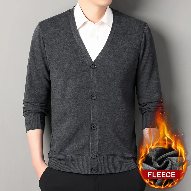 Mens Autumn Clothes Fleece Cardigan Jacket Knitted Sweater Outwear V-neck Fashion Cardigans Warm Men's Top