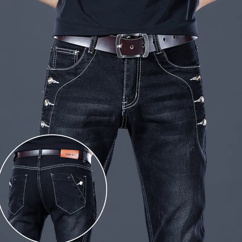 Autumn Winter Brushed Cowboy Luxury Slim Designer Clothes Male Korean Style Denim Skinny Plush Grey Jean Pants Trousers for Men