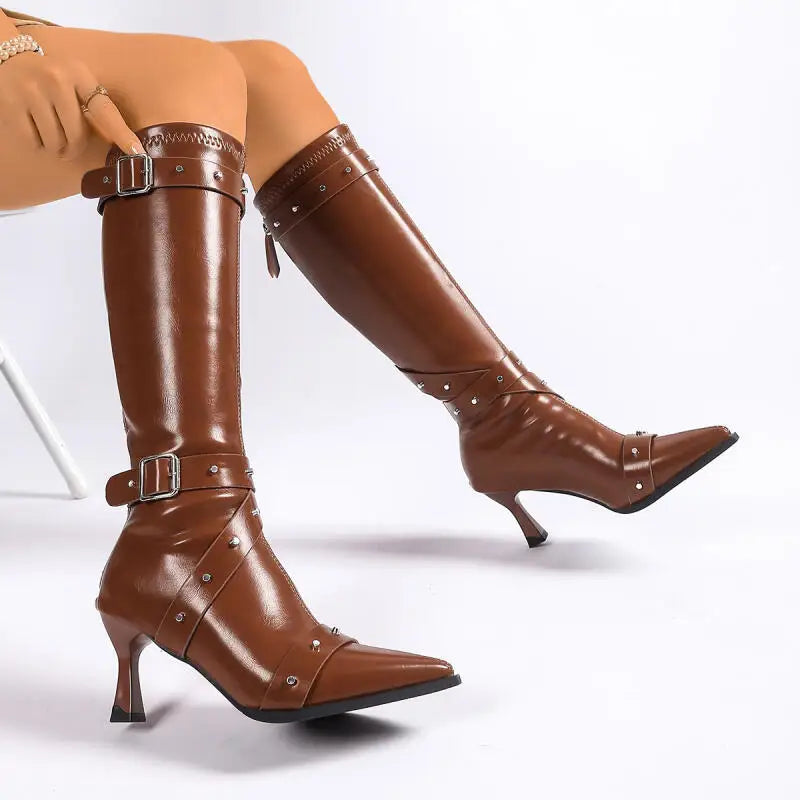 Punk Rivet Belt Buckle Decoration Knee-High Boots Women Sexy Pointed Toe Super High Heel Riding Boots Winter Brand Design Shoes