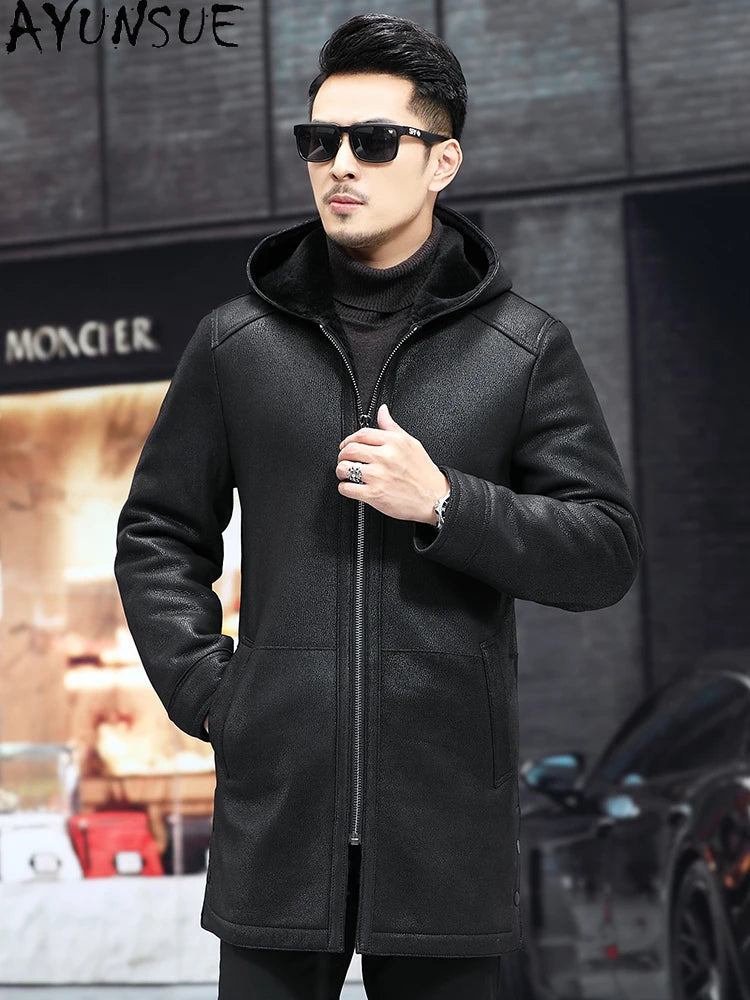 AYUNSUE High-end Real Wool Fur Coat Man Winter Hooded Luxury Natural Sheepskin Fur Jacket Mid-length Windbreaker Warm Fur Coats
