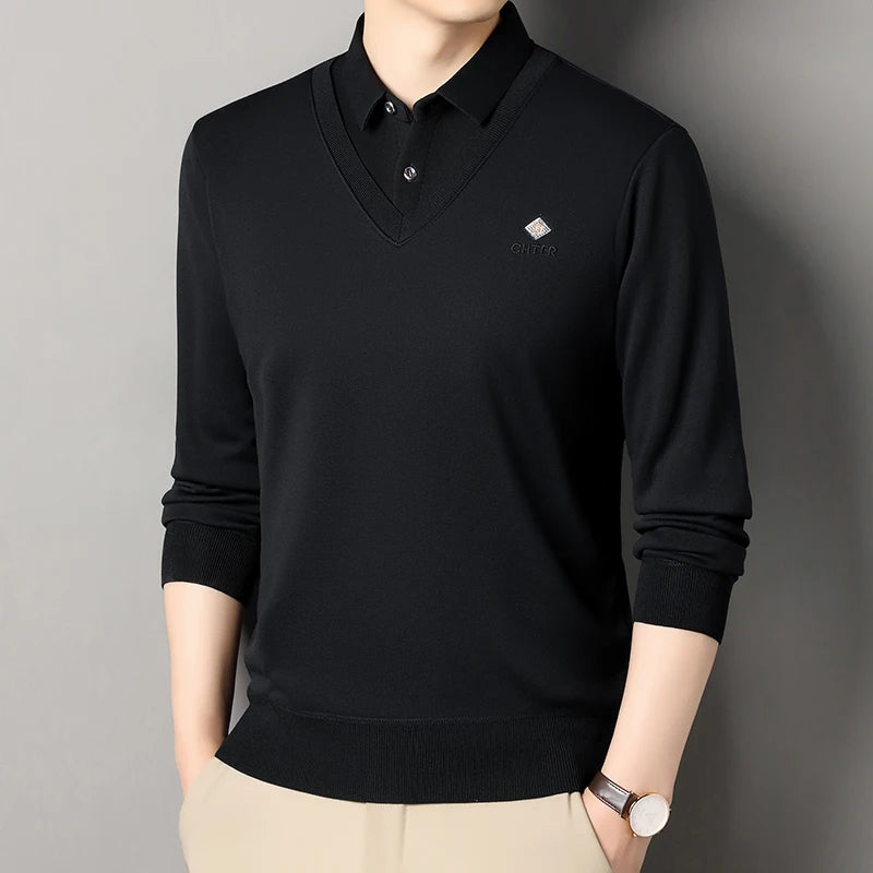 New Men's Fleece Lined Sweater Polo Collar Pullover Tops Fashion Business Causal Pullovers Korean Slim Fit Thick Winter Clothes