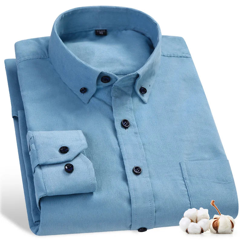 Men Casual Shirts Soft Leisure Solid Regular Fit Cotton Corduroy Long Sleeved Warm Man's Shirt New Easy Care  Oversized Clothes