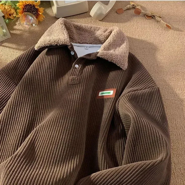 New Vintage Brown Corduroy POLO Collar Oversized Sweatshirt  Streetwear Loose Pullover Thick Velvet Winter Clothes Couples