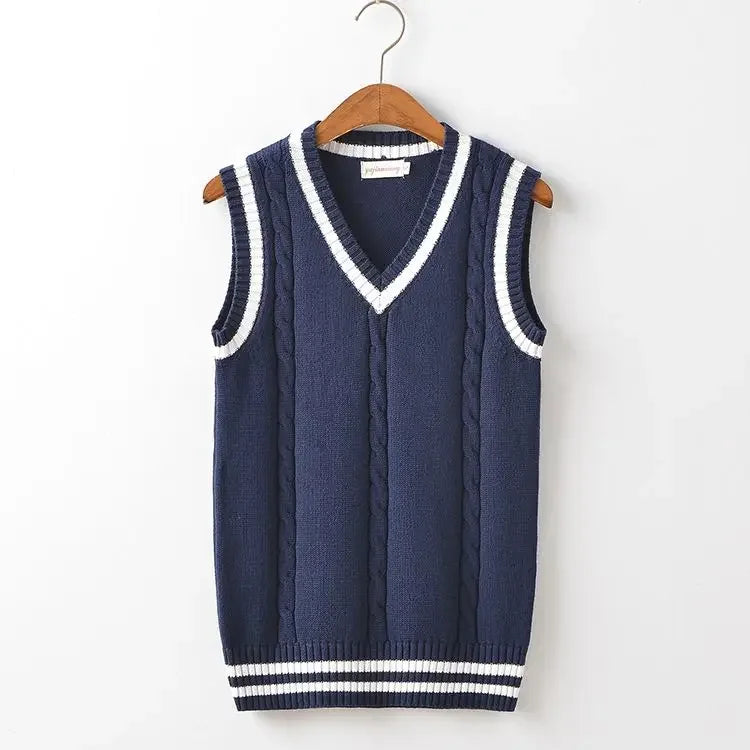 Striped White Knitted Sweaters for Men Blue Sleeveless Man Clothes V Neck Vest Red Waistcoat Jumpers Sweat-shirt Cigaret Cotton