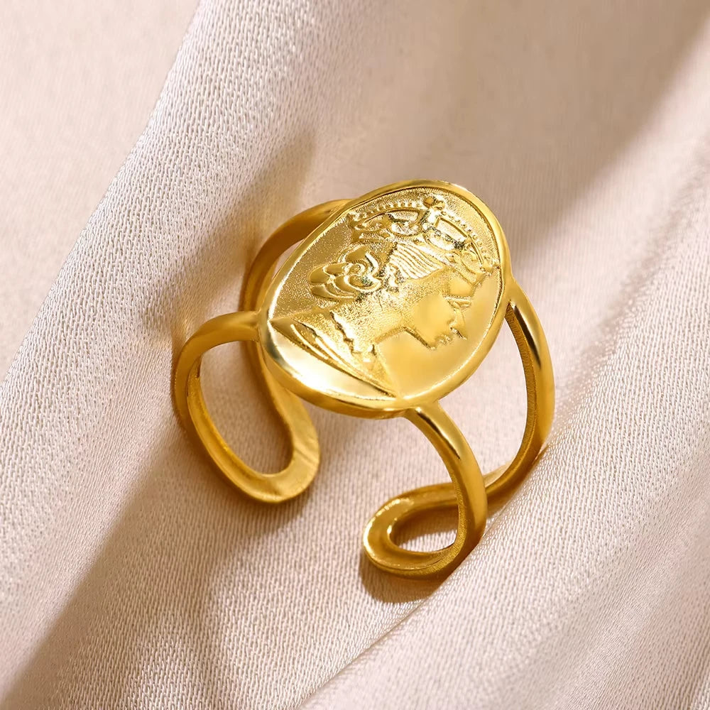 Vintage Stainless Steel Portrait Pearl Zircon Gold Plated  Rings For Women Luxury Coin Imitation Finger Ring Personality Jewelry