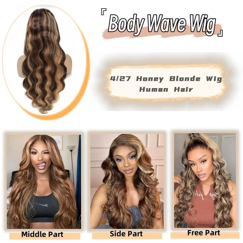 Highlight Wig Human Hair Body Wave Lace Frontal Wigs Colored 13x4 Lace Frontal Wig P4/27 Ombre Honey Blond Lace Front Human Hair