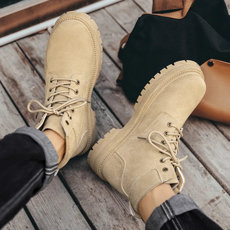Classic Black Men's Motorcycle Shoes Autumn Winter Platform Leather Boots Man Outdoor Lace-Up Ankle Boots for Men Botas Hombre