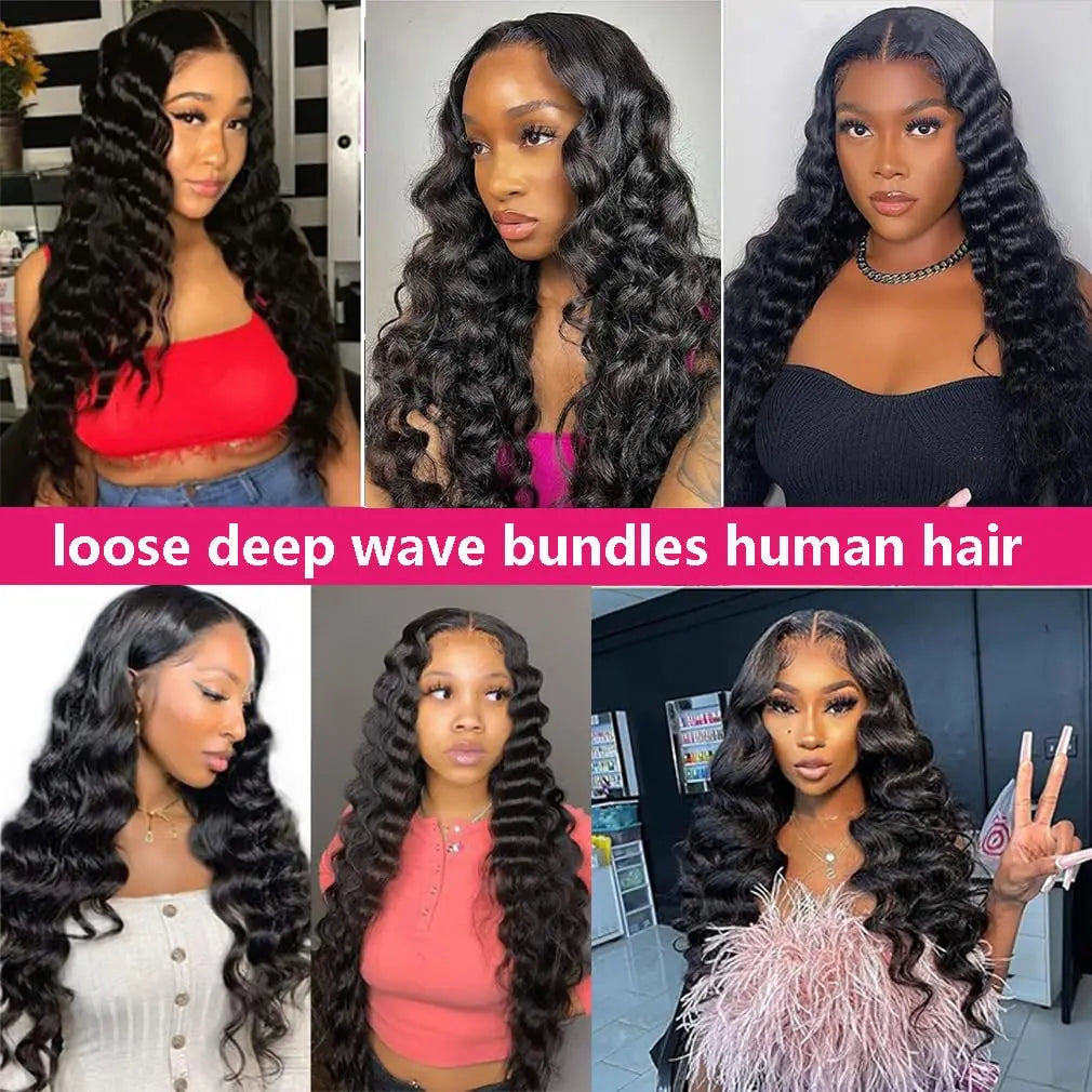 Loose Deep Wave Bundles Human Hair 3 Bundles 22 24 26 Inch 100% Unprocessed Human Hair Can Be Dyed and Bleached Natural Black