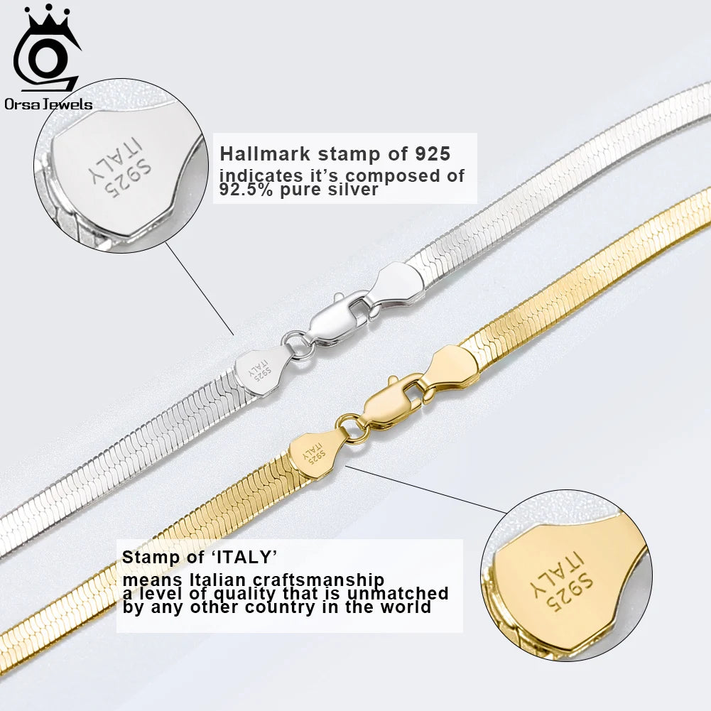 ORSA JEWELS 925 Sterling Silver 3mm Gold Flexible Flat Chain Herringbone Snake Chain Necklace for Women Neck Chain Jewelry SC35