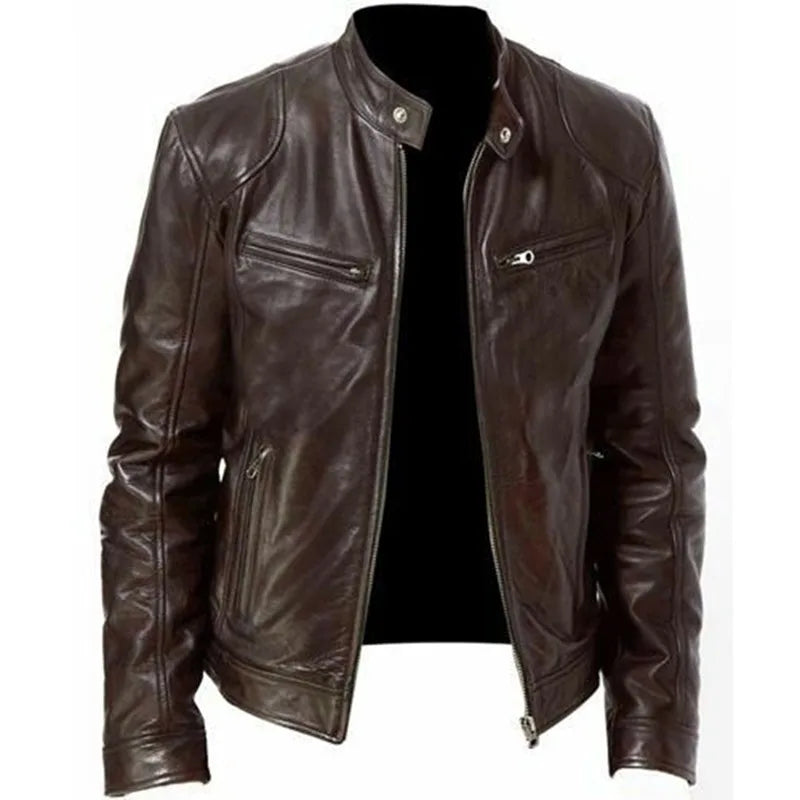 New Top Layer Vintage PU Leather Clothes Men's Stand Collar Motorcycle Clothes Youth Autumn and Winter Jacket Mens Biker Coat