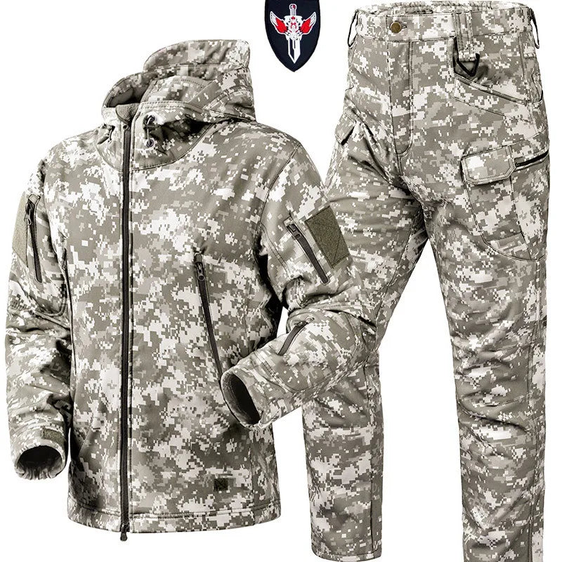 New Suits for Men Winter Tactical Sets Shark Skin Biker Jacket Hoodie Pants 2 Piece Set Waterproof Workwear Clothes Pockets