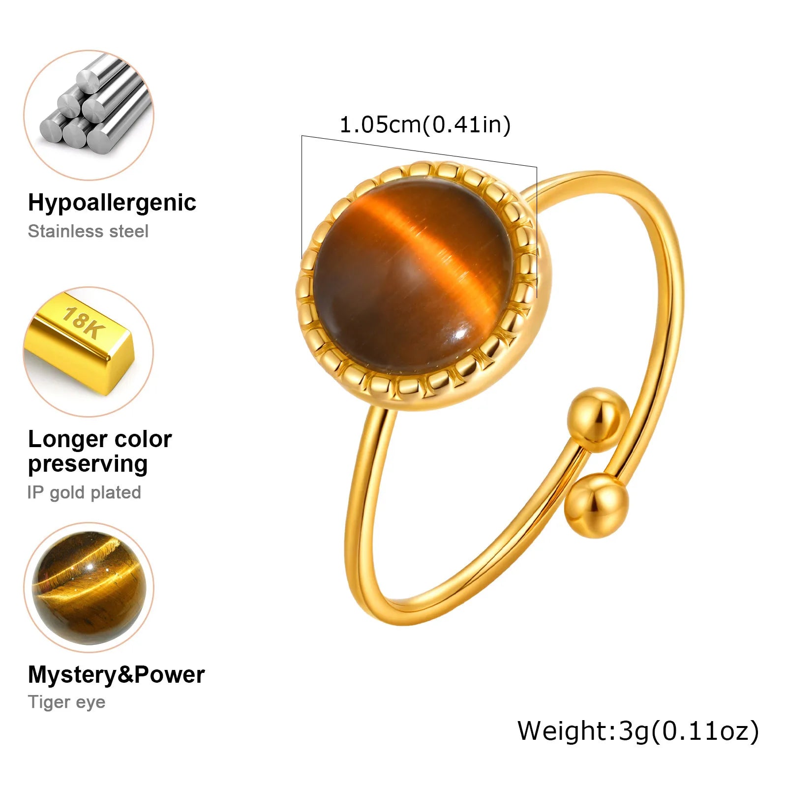 Waterproof Oval Healing Nature Stone Ring for Women, Stainles Steel Gold Plated Open Adjustable Finger Ring Vintage Jewelry