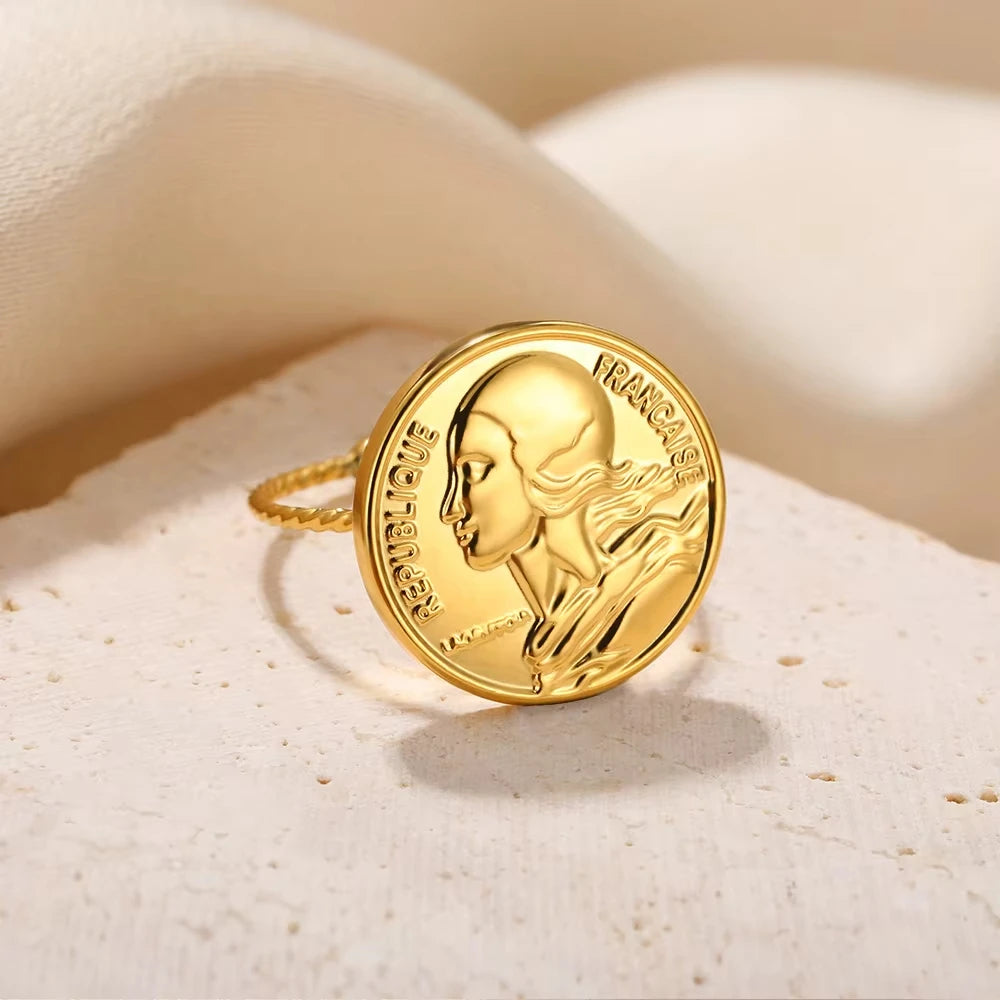 Vintage Stainless Steel Portrait Pearl Zircon Gold Plated  Rings For Women Luxury Coin Imitation Finger Ring Personality Jewelry