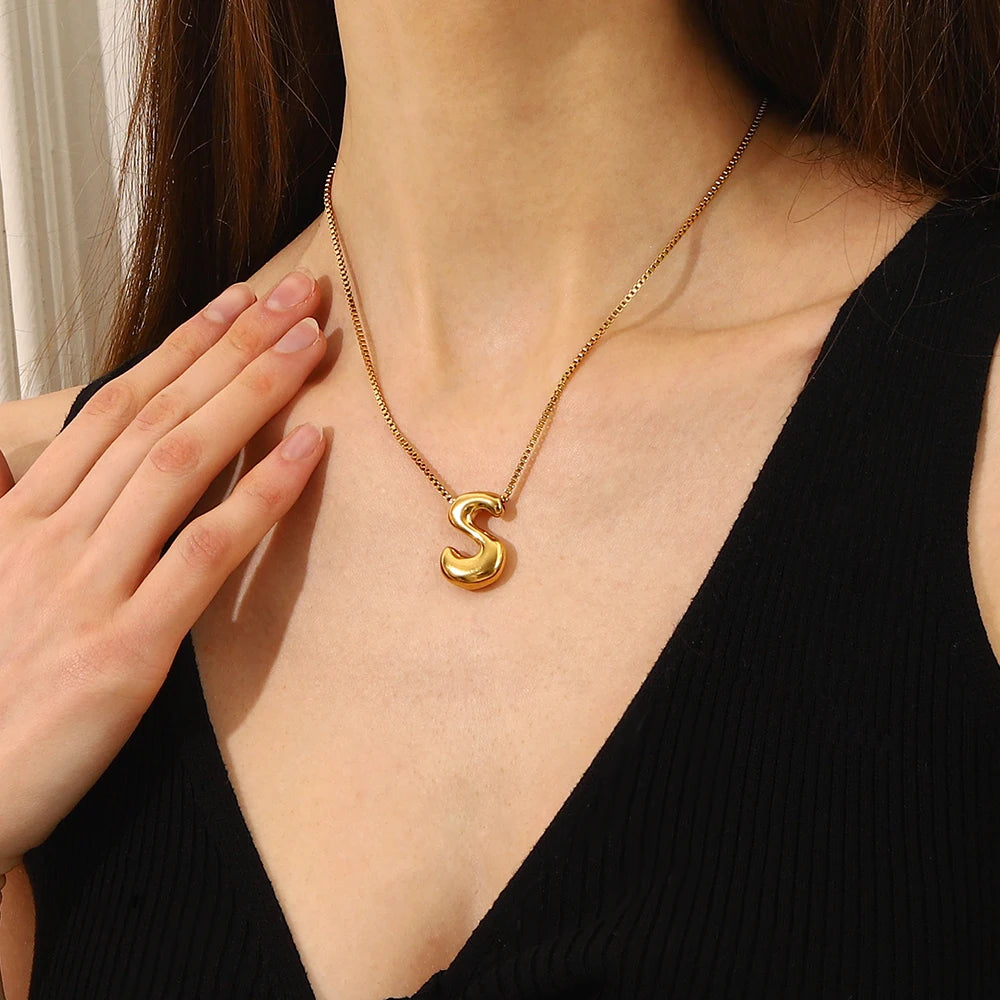 E.B.belle Large Size Bubble 26 Letter Pendant Necklace 18K Gold Plated Hypoallergenic Decoration Alphabet Neck Jewelry