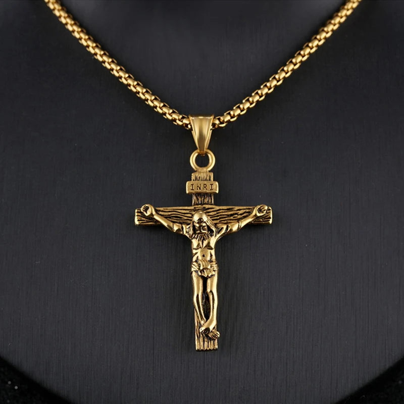 1P Fashion Crucifix Jesus Christ Men Jewelry Gold Brown Silver Color Metal Cross Pendant With Neck Chain Necklaces For Man Women