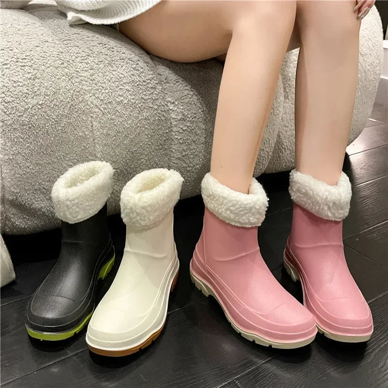 Fashion rain shoes women's winter cotton non-slip medium tube water boots short tube rain boots car wash kitchen rubber shoes