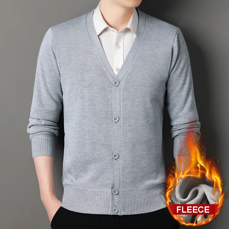 Mens Autumn Clothes Fleece Cardigan Jacket Knitted Sweater Outwear V-neck Fashion Cardigans Warm Men's Top
