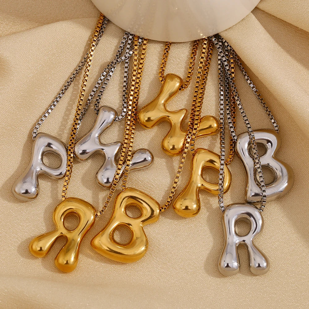 E.B.belle Large Size Bubble 26 Letter Pendant Necklace 18K Gold Plated Hypoallergenic Decoration Alphabet Neck Jewelry