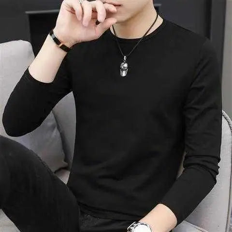 Men's Autumn Winter Ice Silk Long Sleeve T-Shirt Pure Color V-Neck Undershirt White Clothes New Trendy Inner Top Bottoming Shirt