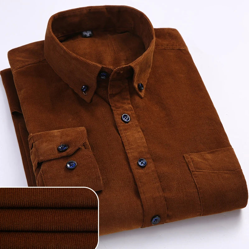 Men Casual Shirts Soft Leisure Solid Regular Fit Cotton Corduroy Long Sleeved Warm Man's Shirt New Easy Care  Oversized Clothes